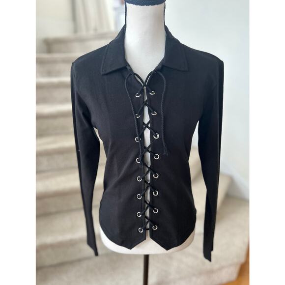 Studio XTC Tops - Vintage 90s Whimsygoth Fairy Grunge Black Lace Up Corset Long Sleeve T-Shirt